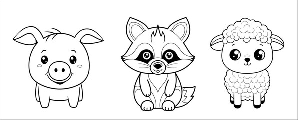 Cute funny raccoon, pig and lamb for coloring. Vector template for a coloring book with funny animals. Colouring page for kids.