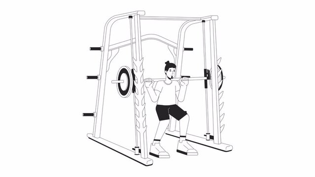 Man doing squats in power rack bw outline cartoon animation. Heavyweight. Performing powerlifting 4K video motion graphic. Gym guy 2D monochrome linear animated character isolated on white background