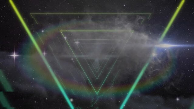 Animation of flying smoke with looping triangles forming tunnel and lens flares against space