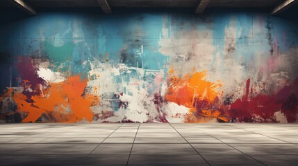 Empty concerte interior background with colorful abstract graffiti on front wall