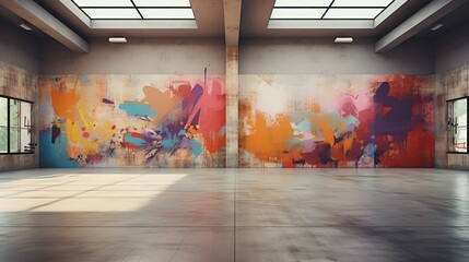 Empty open space interior background with ceiling windows and colorful abstract graffiti on front...