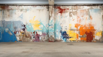 Empty urban interior background with colorful abstract graffiti on grungy white front wall