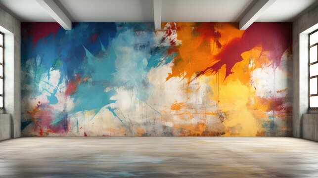 An empty interior background with colorful abstract graffiti on front wall © evannovostro