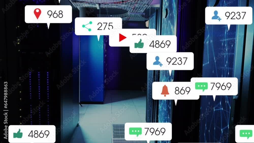 Poster Animation of notification bars over connected dots over data server racks in server room