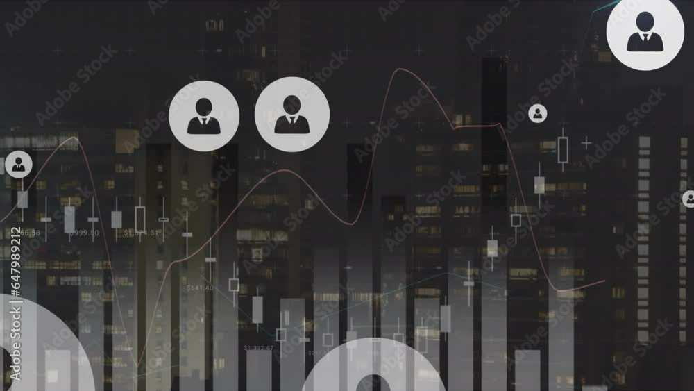 Poster animation of profile icons and multiple graphs over modern buildings against sky