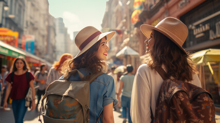 happy female friends travelers with bags crossing street together outdoor sunny day in china town.