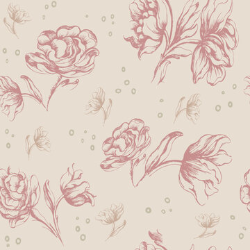 Pastel Roses,  Decorative vector seamless pattern. Repeating background. Tileable wallpaper print.