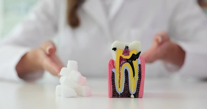 Female doctor in white coat demonstrates heap of sugar cubes lying near plastic model of tooth while giving lecture. Sugar harm to teeth
