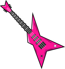 Rock guitar in the style of emo, glamorous rock in trendy 2000s y2k colors black with acid pink on transparent background