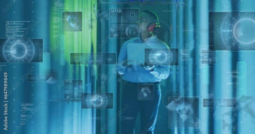 Poster animation of globes, computer language, african american engineer examining data server using laptop