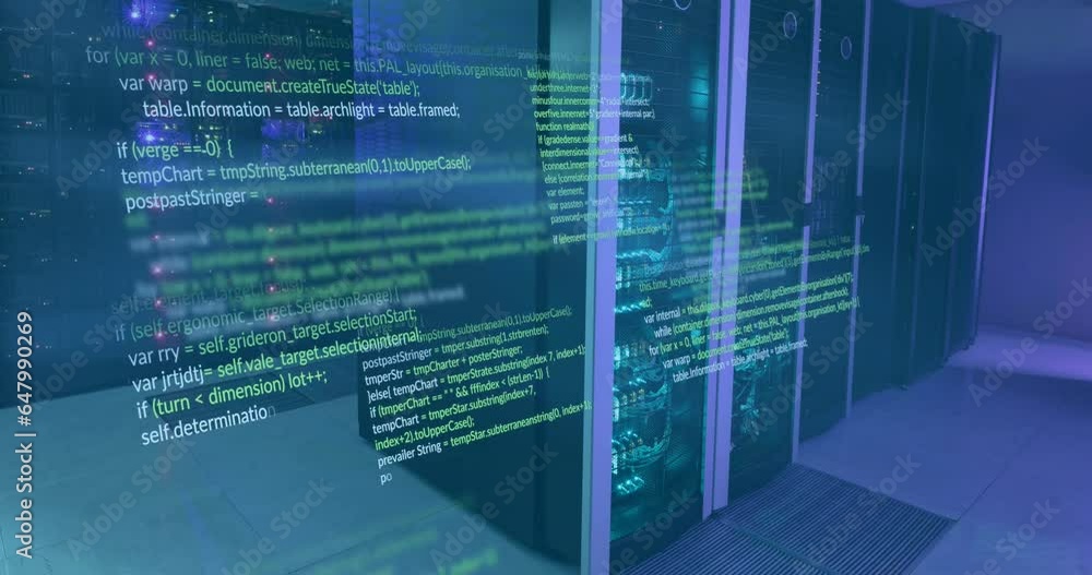 Poster animation of multicolored computer language over data server systems in server room