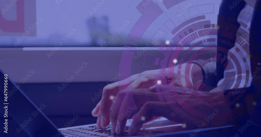 Poster animation of loading circles over midsection of man preparing reports on laptop