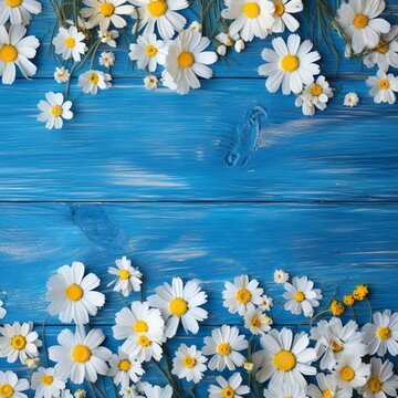 Blue wooden background with yellow and white daisey