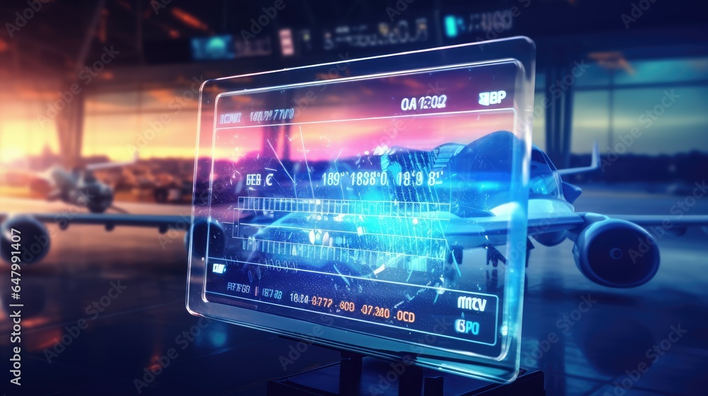 Poster artificial intelligence with a virtual hologram on screen. futuristic information technology transfo