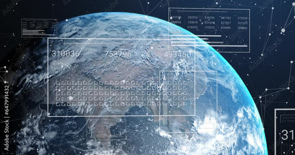 Poster animation of graphs, changing numbers, loading squares and connected dots over globe
