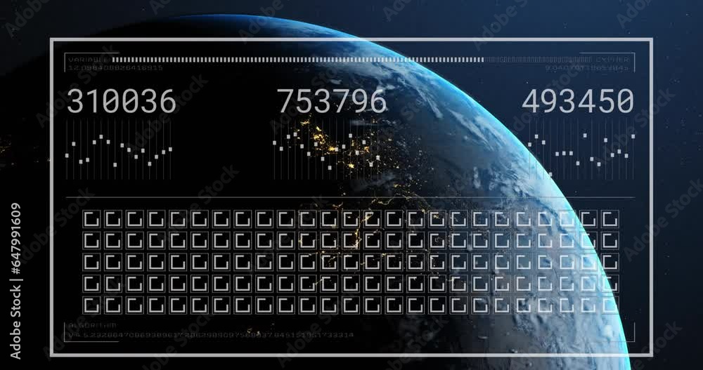 Poster animation of changing numbers, graphs, loading bar and squares over globe in background