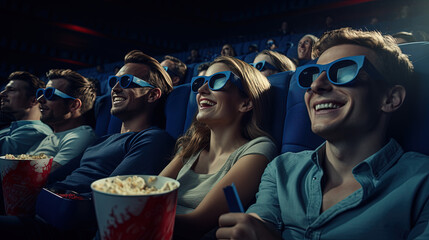 Group of people at the cinema - obrazy, fototapety, plakaty