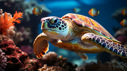 turtle with Colorful tropical fish and animal sea life in the coral reef.generative ai - obrazy, fototapety, plakaty