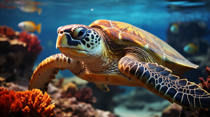 turtle with Colorful tropical fish and animal sea life in the coral reef.generative ai