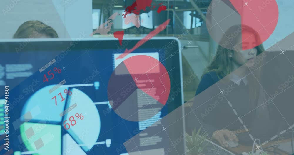 Poster animation of statistical data processing against biracial woman using computer at office