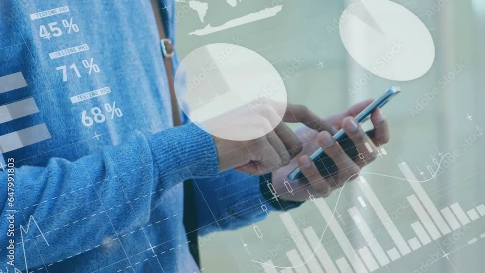 Poster animation of statistical data processing against mid section of man using smartphone at office