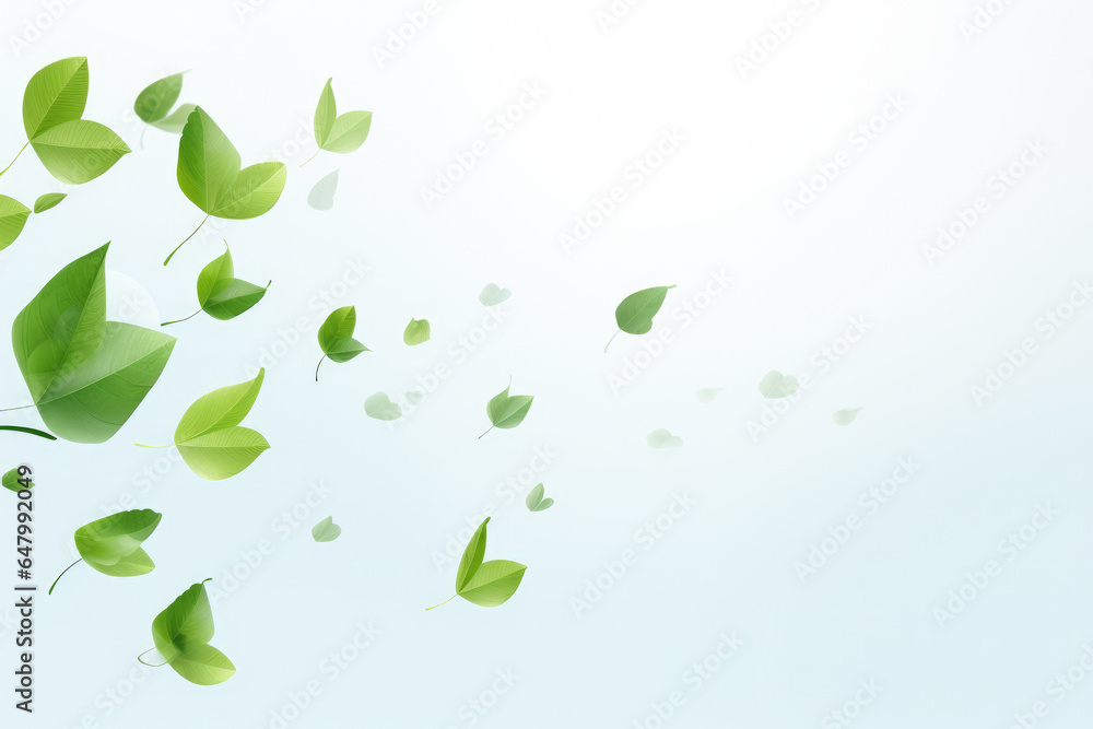 Poster captivating image of bunch of green leaves soaring through air. perfect for adding touch of nature a