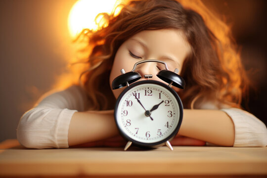 Peaceful image of little girl sleeping with alarm clock nearby. This picture can be used to represent concepts of bedtime routines, sleep schedules, and childhood.