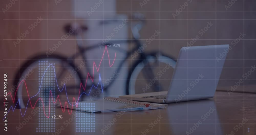 Poster Animation of statistical data processing against view of equipment on desk and bicycle at office