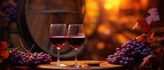 close up two wine glasses with  red grape and wine barrel background, generative Ai
