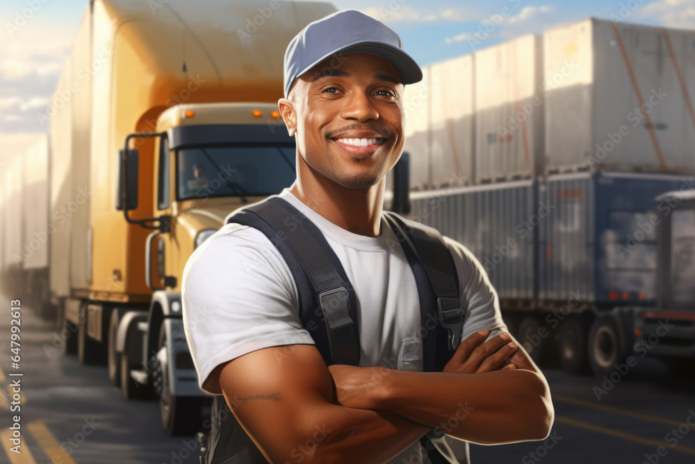 Aufkleber man standing confidently in front of semi truck. this image can be used to portray concepts such as 