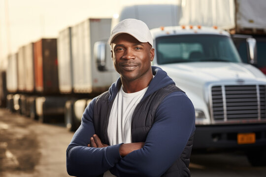 Man standing confidently in front of truck, ready for new adventure. This image can be used to depict determination, transportation, or automotive industry.