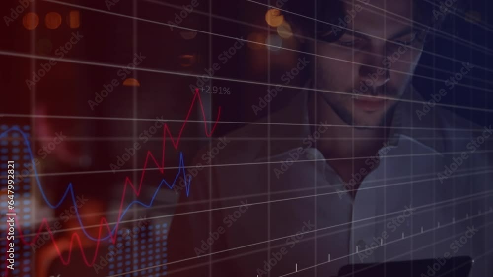 Poster animation of data processing over thoughtful caucasian man using tablet while working late at office