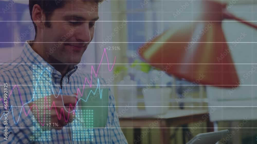Poster animation of data processing over caucasian businessman using tablet and drinking coffee at office