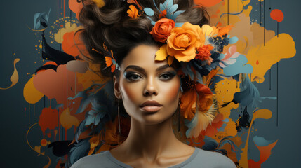 High Fashion model woman in colorful bright lights posing in studio, portrait of beautiful sexy girl with trendy make-up at autumn background.