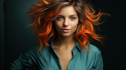 Fototapeta premium High Fashion model woman in colorful bright lights posing in studio, portrait of beautiful sexy girl with trendy make-up at autumn background.
