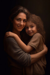 mother hugs her child at home, dark brown background.generative ai