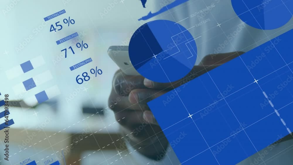 Poster animation of statistical data processing against mid section of a man using smartphone at office