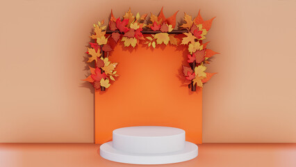 Autumn display podium for product on a orange background 3d rendering illustration