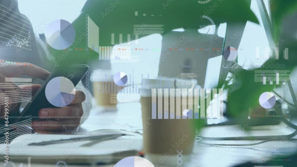 Poster animation of statistical data processing against mid section of a man using smartphone at a cafe