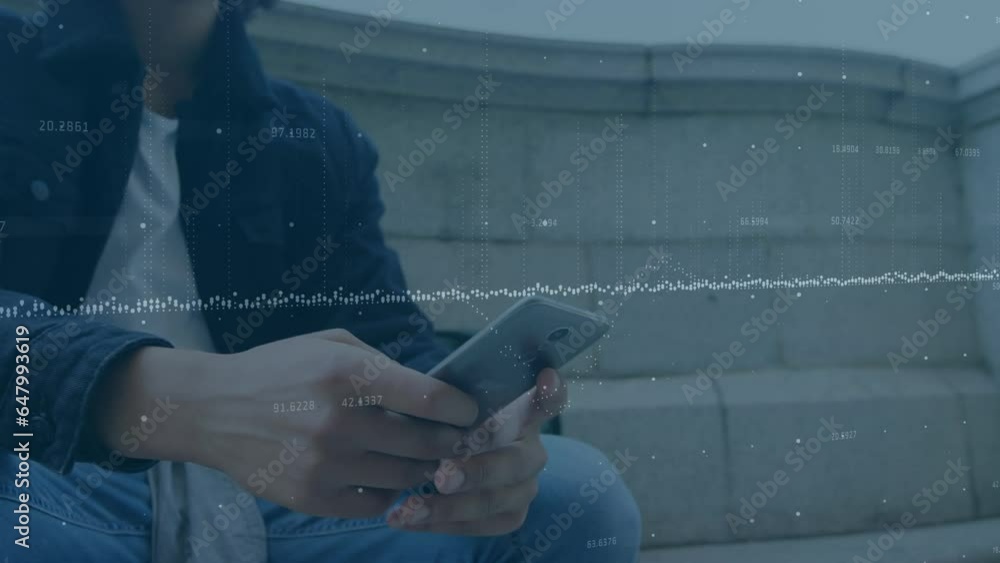 Poster animation of data processing against biracial man using smartphone sitting on the stairs