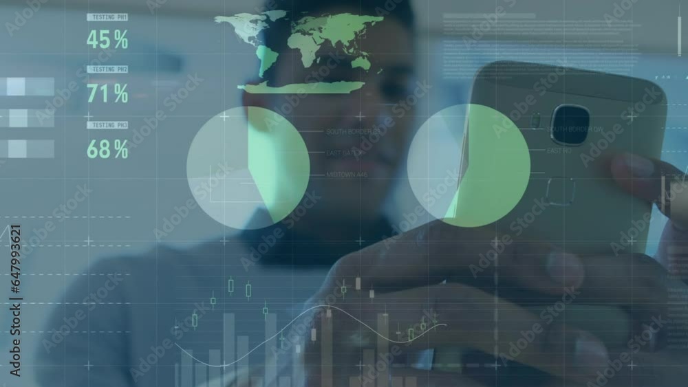 Poster animation of statistical data processing against biracial man using smartphone at office