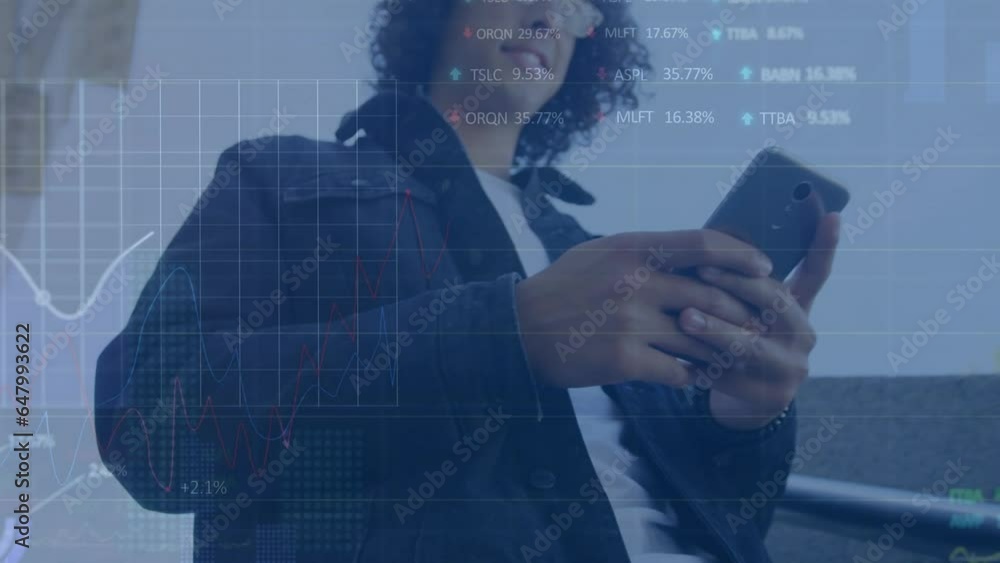 Poster animation of stock market data processing against biracial man using smartphone on the stairs