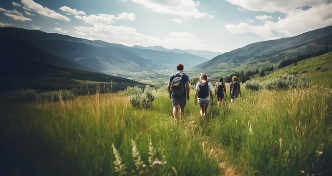 Friends or family hiking in nature or mountain landscape with meadow - theme vacation in the mountains - Generative AI
