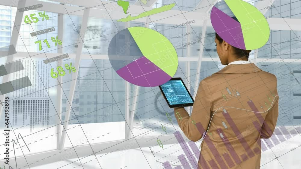 Poster animation of statistical data processing over rear view of businesswoman using tablet at office