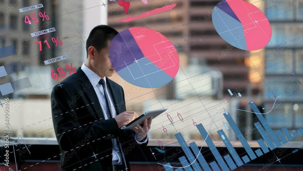 Poster animation of statistical data processing against asian businessman using tablet in balcony at office
