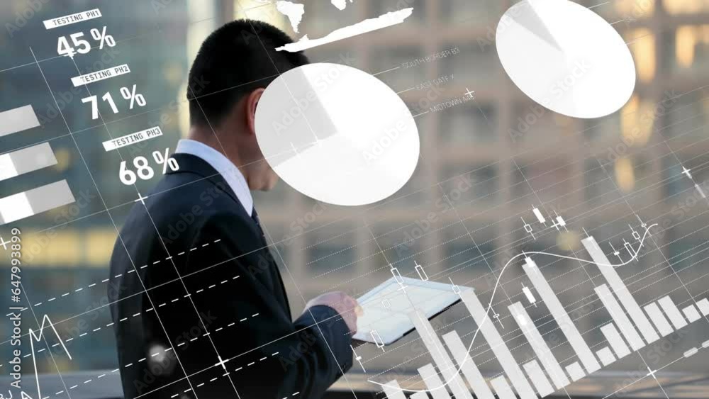 Poster animation of statistical data processing against asian businessman using tablet in balcony at office