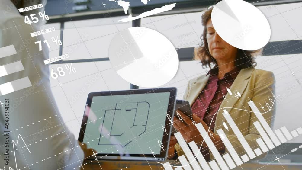 Poster animation of statistical data processing over caucasian businesswoman using tablet at office