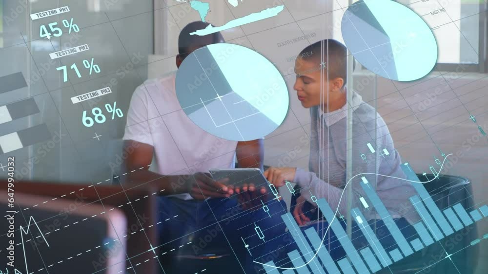 Poster animation of statistical data processing over diverse man and woman discussing over tablet at office