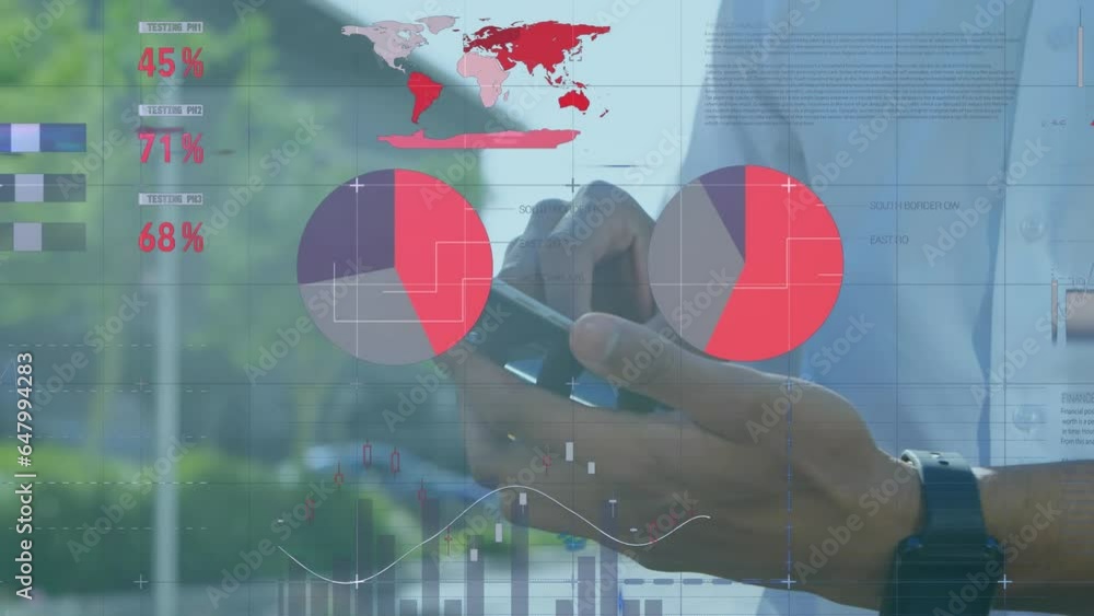 Poster animation of statistical data processing against mid section of man using smartphone on the street