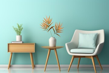 a white chair next to a table and plant